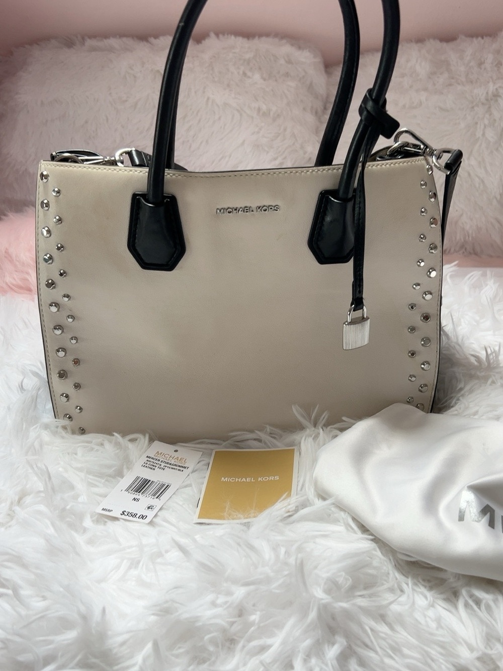 Discontinued Michael Kors Mercer Stud & Grommet Large Leather Tote Optic White/B